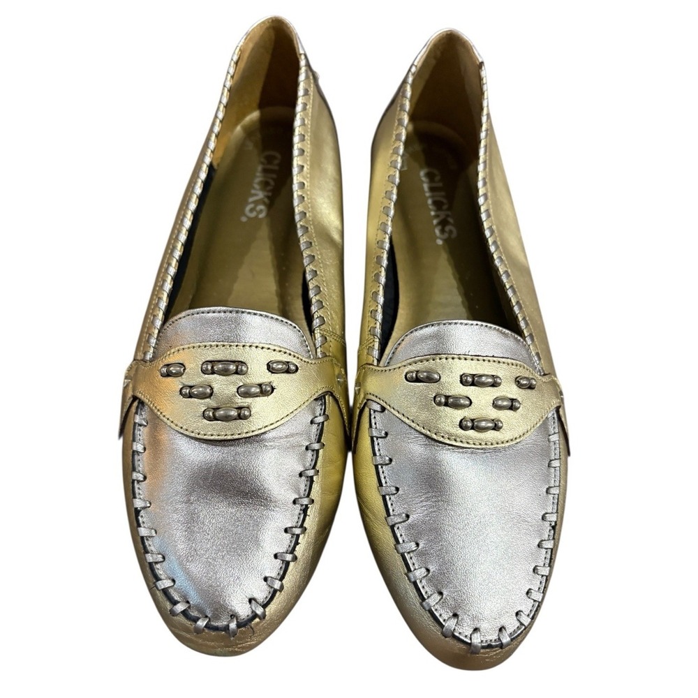 CLICKS Leather Loafers Size 10M Gold Bronze Whipstitch Stud Flats